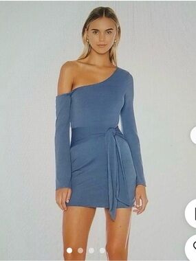 Privacy Please Chloe One-Shoulder Steel Blue Wrap Mini Dress